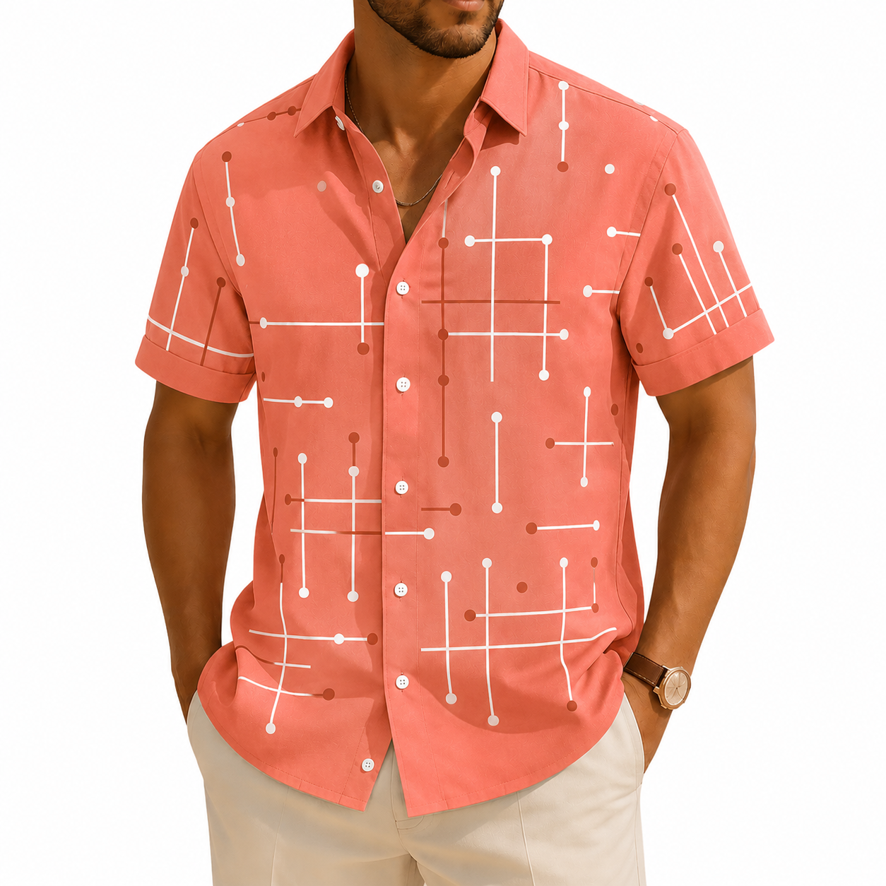 Men's Relaxed Fit Short Sleeve Button Down Shirt – Lightweight Stretch Casual Beach Shirt with Geometric Print