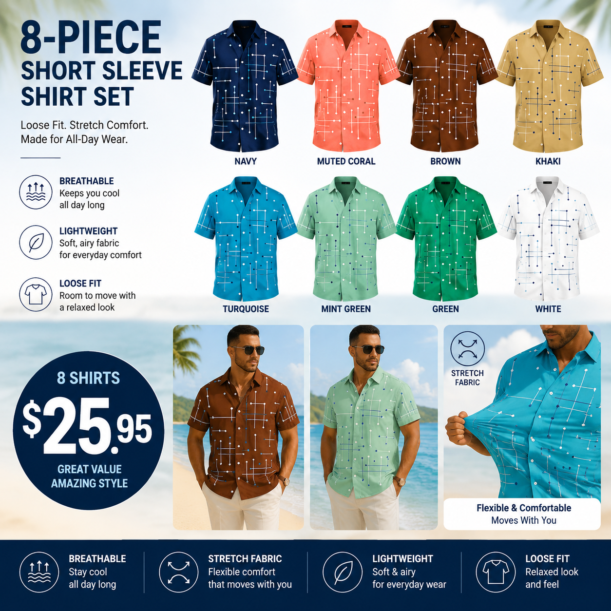 Men's Relaxed Fit Short Sleeve Button Down Shirt – Lightweight Stretch Casual Beach Shirt with Geometric Print