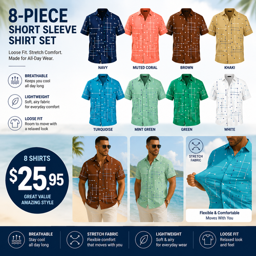 Men's Relaxed Fit Short Sleeve Button Down Shirt – Lightweight Stretch Casual Beach Shirt with Geometric Print