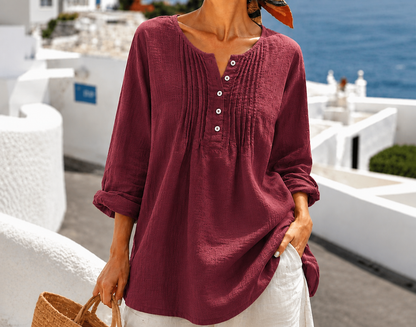 Women's Casual Pleated Henley Blouse – Long Sleeve Relaxed Fit Top