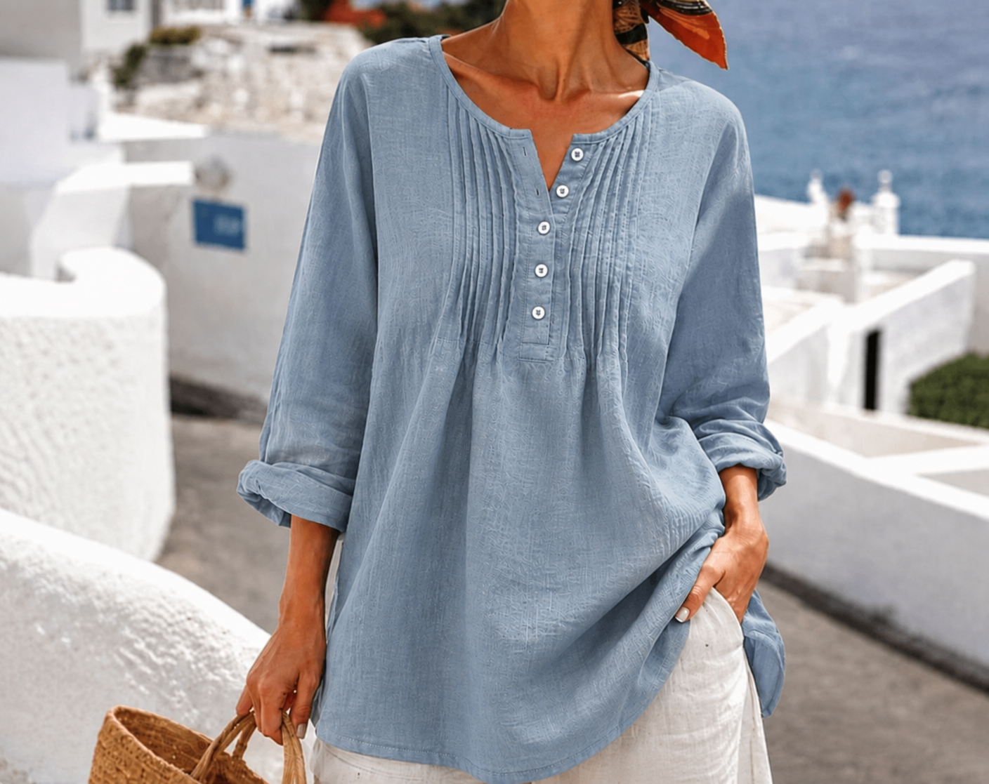 Women's Casual Pleated Henley Blouse – Long Sleeve Relaxed Fit Top