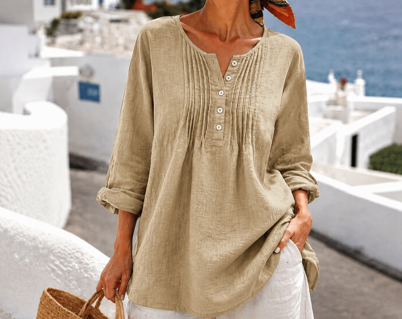 Women's Casual Pleated Henley Blouse – Long Sleeve Relaxed Fit Top