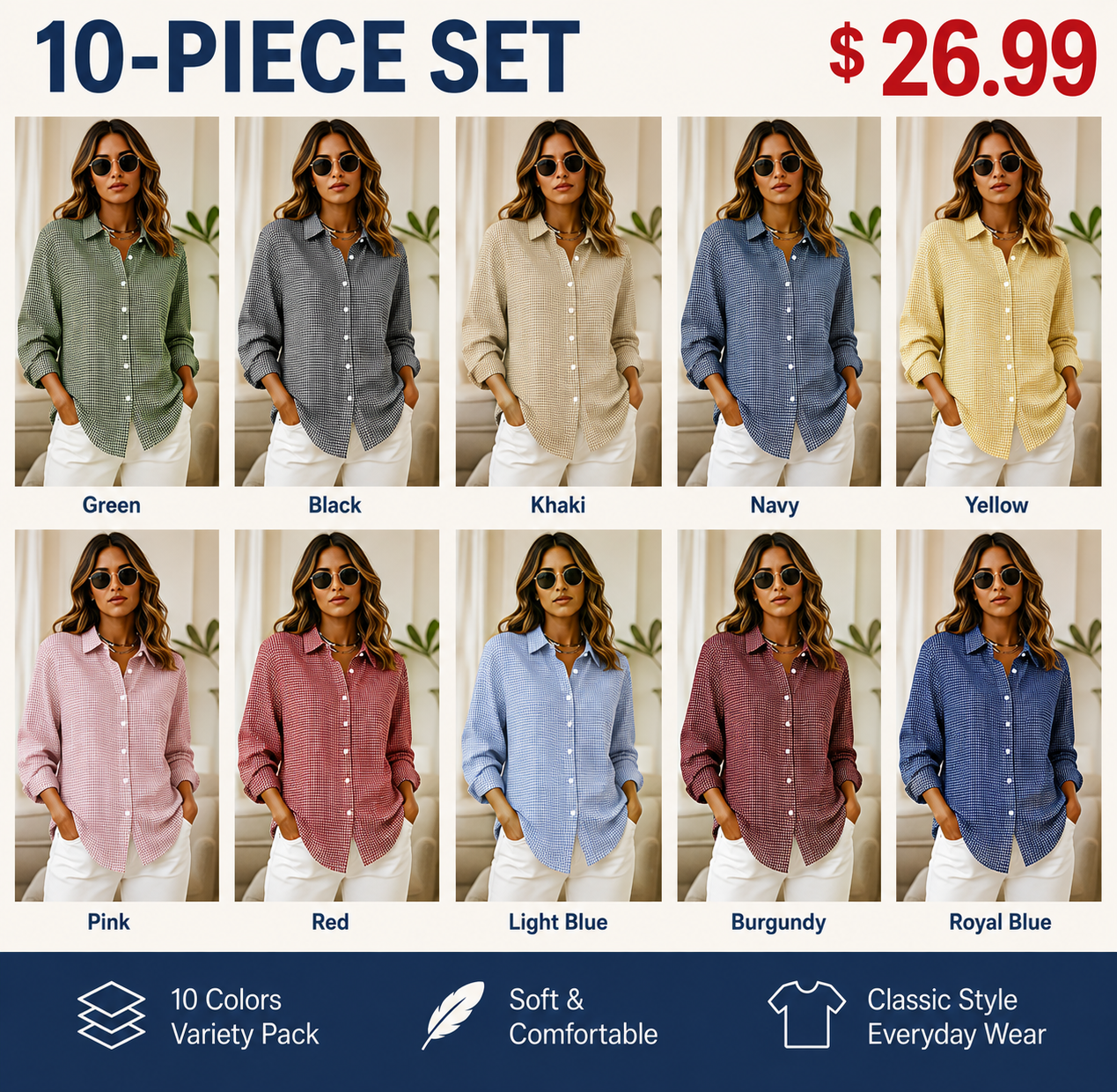 Women’s Relaxed Fit Gingham Button-Up Shirt – Casual Long Sleeve Collared Blouse