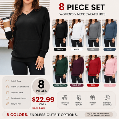 Women's V Neck Sweatshirt with Kangaroo Pocket, Fleece Long Sleeve Oversized Pullover, Casual Hoodless Top