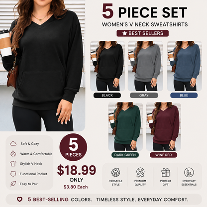 Women's V Neck Sweatshirt with Kangaroo Pocket, Fleece Long Sleeve Oversized Pullover, Casual Hoodless Top