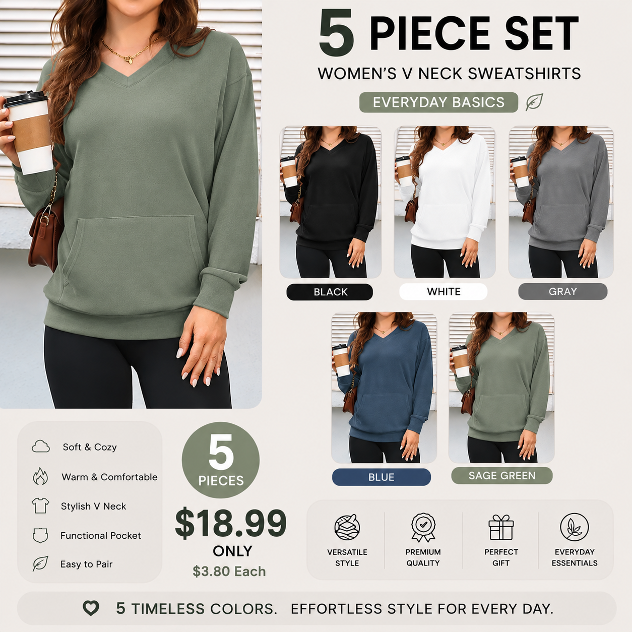 Women's V Neck Sweatshirt with Kangaroo Pocket, Fleece Long Sleeve Oversized Pullover, Casual Hoodless Top