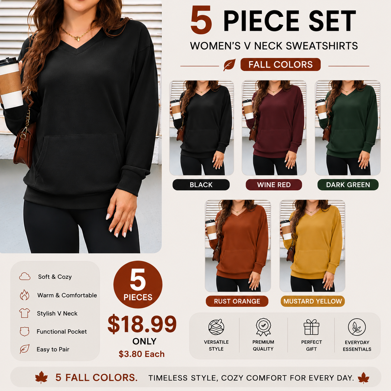 Women's V Neck Sweatshirt with Kangaroo Pocket, Fleece Long Sleeve Oversized Pullover, Casual Hoodless Top