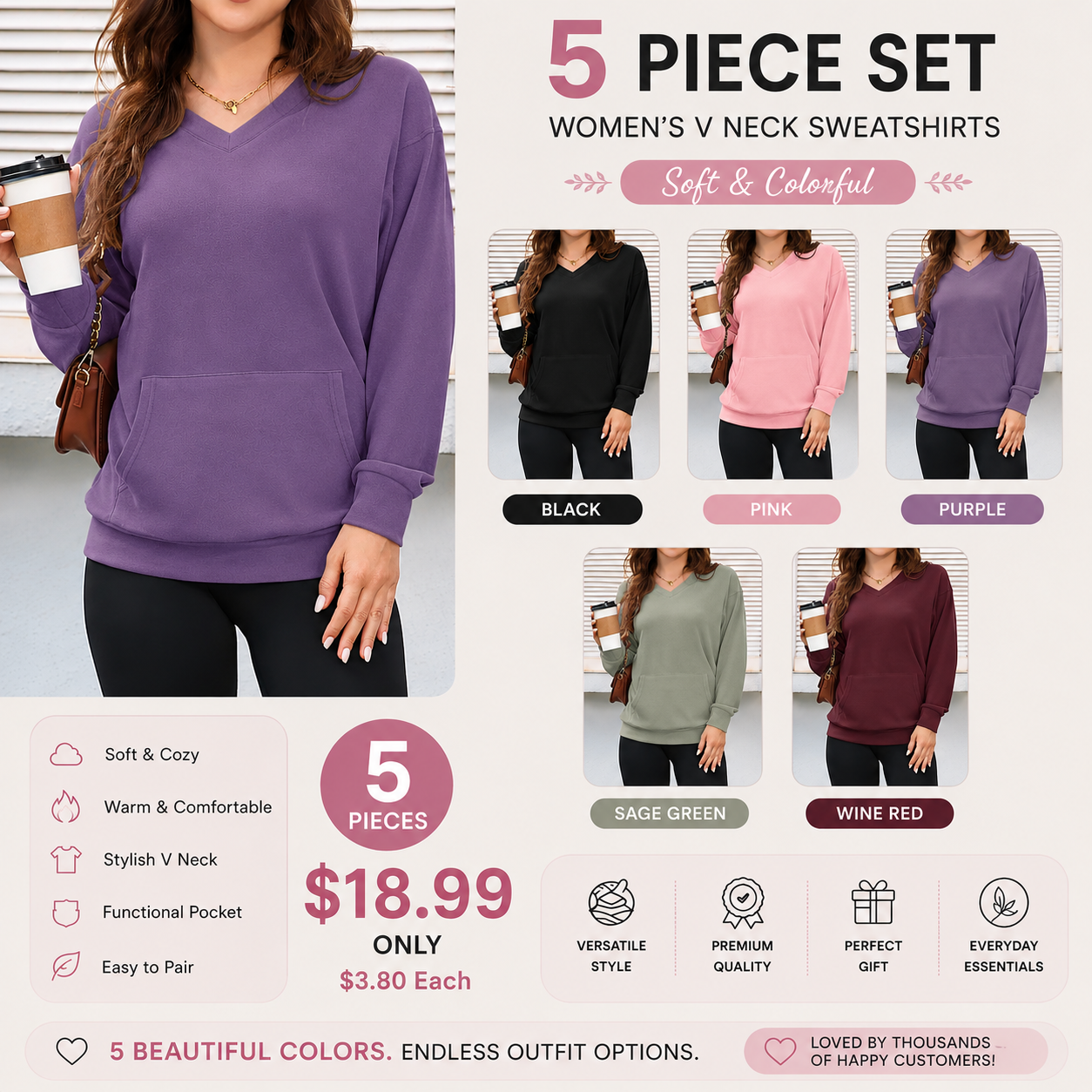 Women's V Neck Sweatshirt with Kangaroo Pocket, Fleece Long Sleeve Oversized Pullover, Casual Hoodless Top