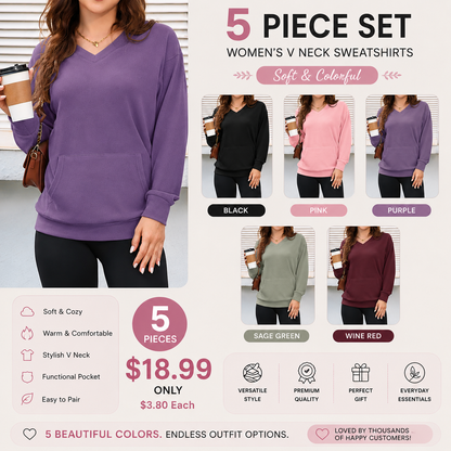 Women's V Neck Sweatshirt with Kangaroo Pocket, Fleece Long Sleeve Oversized Pullover, Casual Hoodless Top