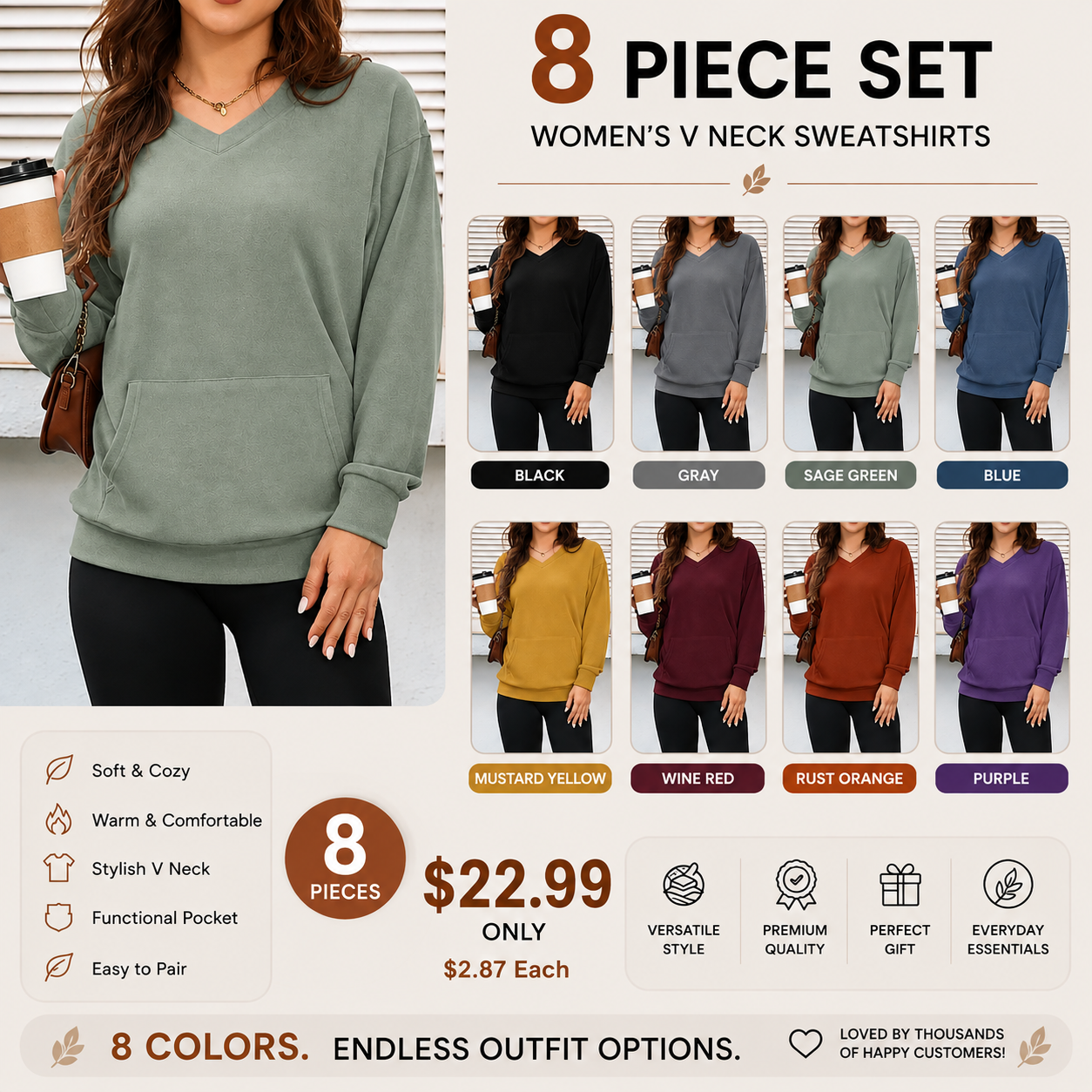 Women's V Neck Sweatshirt with Kangaroo Pocket, Fleece Long Sleeve Oversized Pullover, Casual Hoodless Top