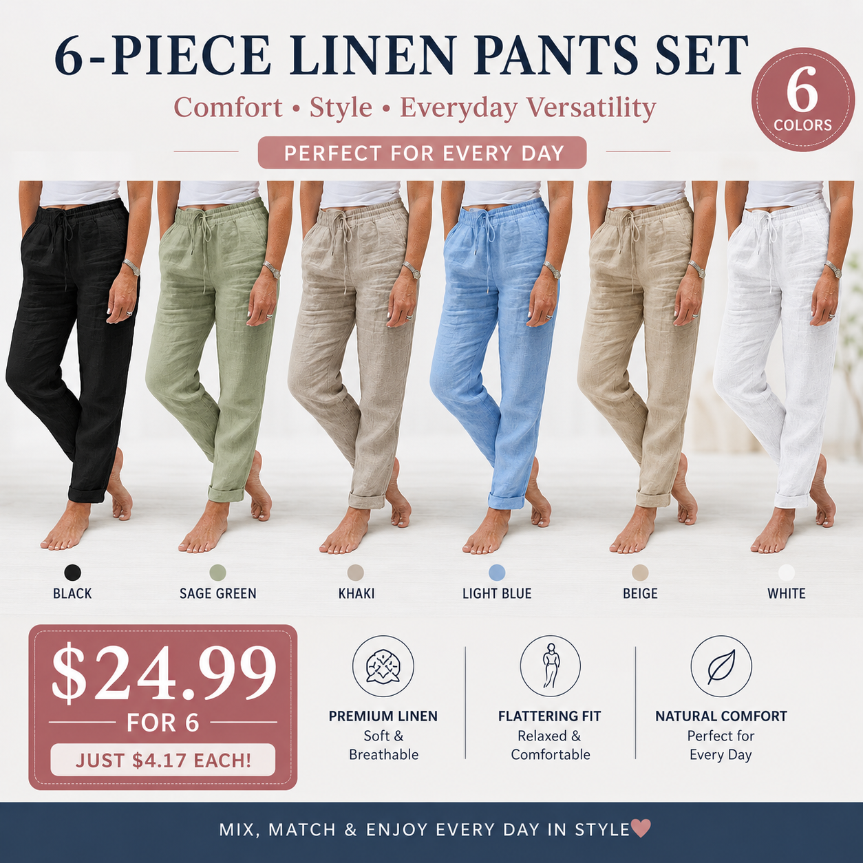 Women's Elastic Waist Cotton Linen Casual Pants