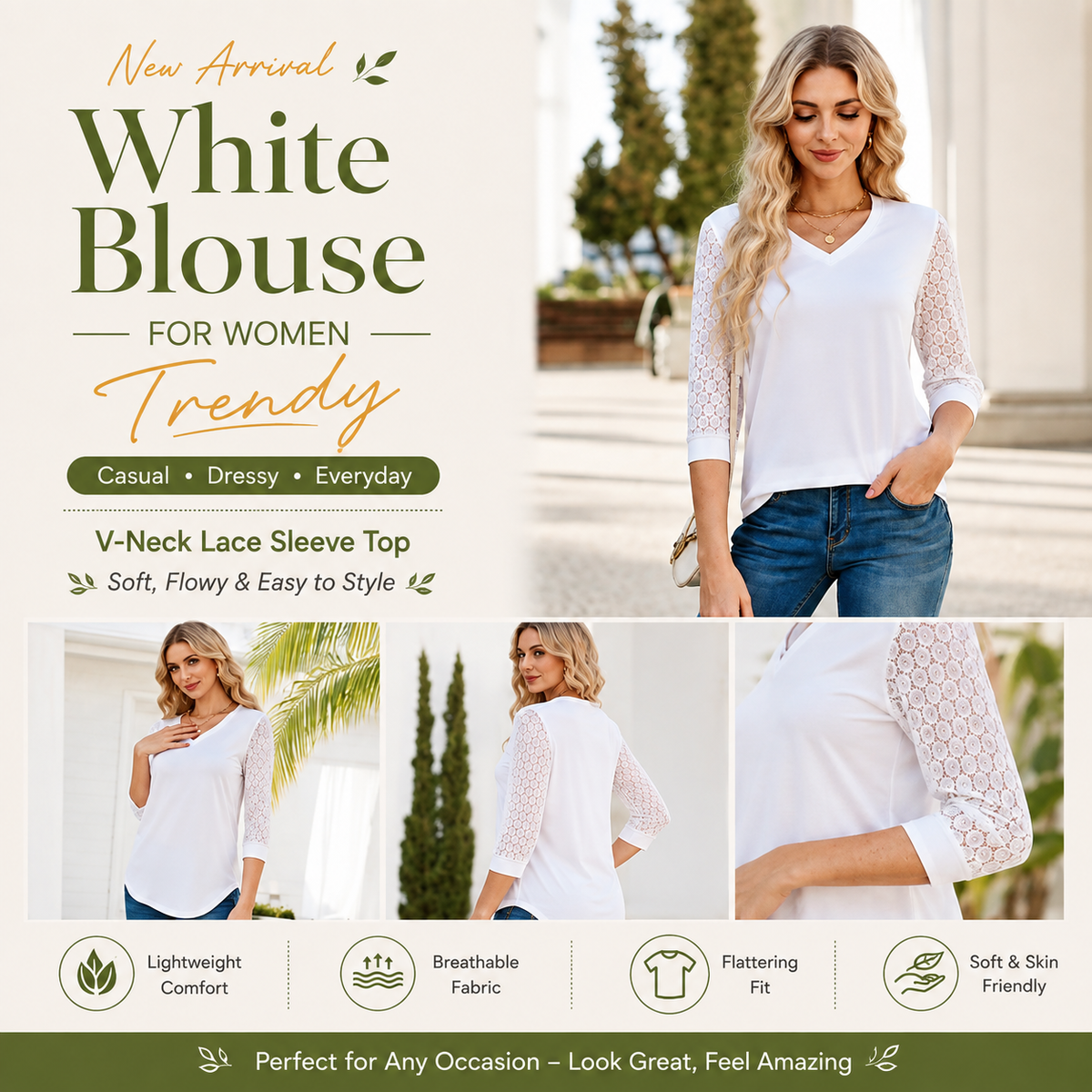 Women’s 3/4 Sleeve Lace V-Neck Tunic Top – Elegant Business Casual Blouse
