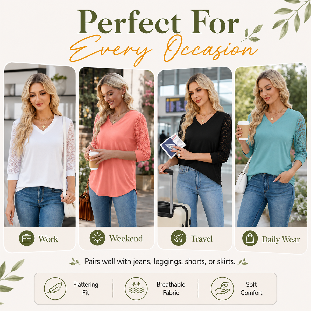 Women’s 3/4 Sleeve Lace V-Neck Tunic Top – Elegant Business Casual Blouse