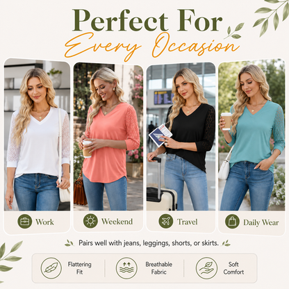 Women’s 3/4 Sleeve Lace V-Neck Tunic Top – Elegant Business Casual Blouse