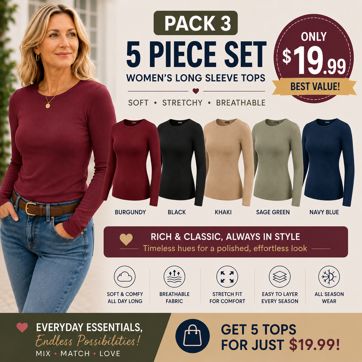 Women’s Ribbed Long Sleeve Crewneck Top – Slim Fit Basic Tee