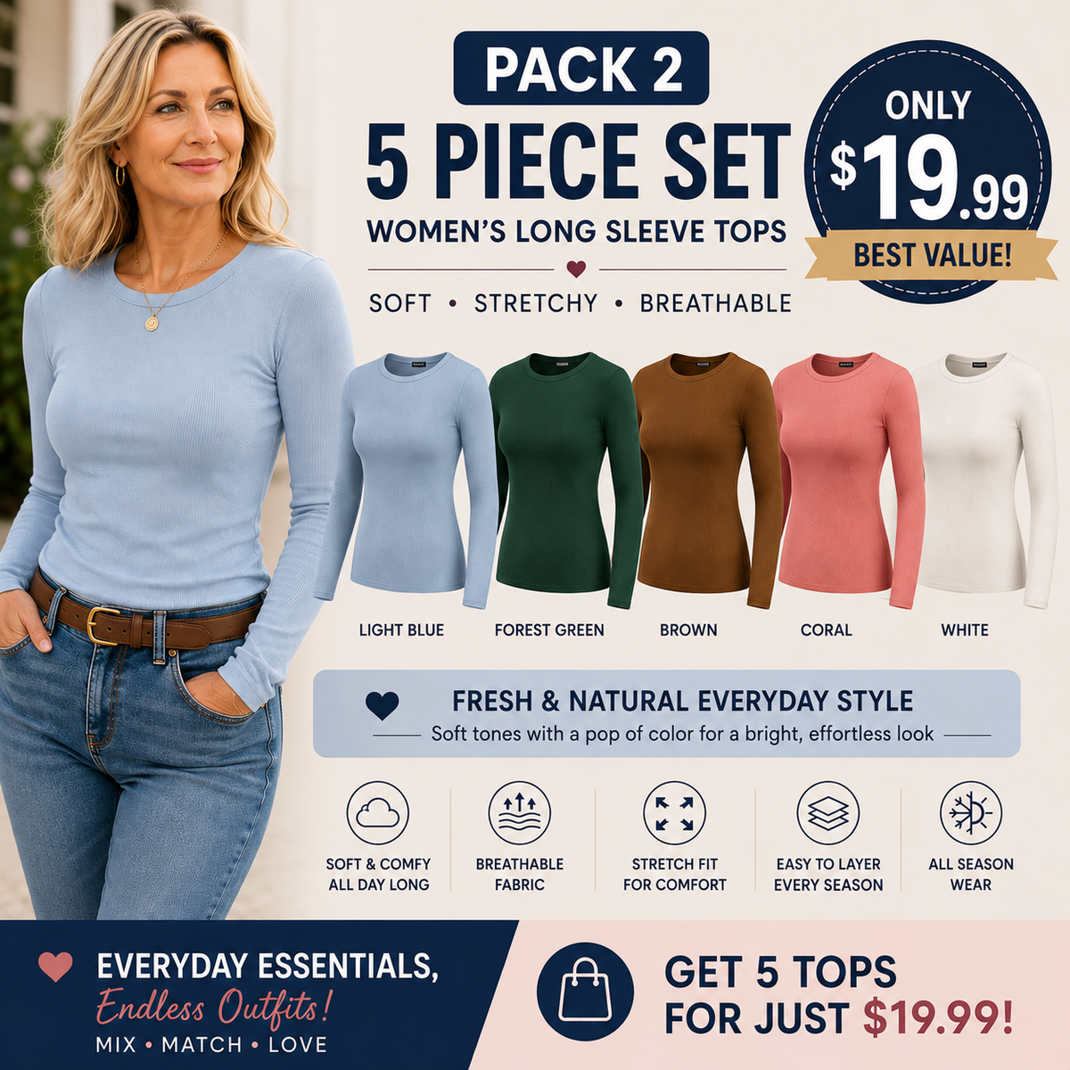 Women’s Ribbed Long Sleeve Crewneck Top – Slim Fit Basic Tee