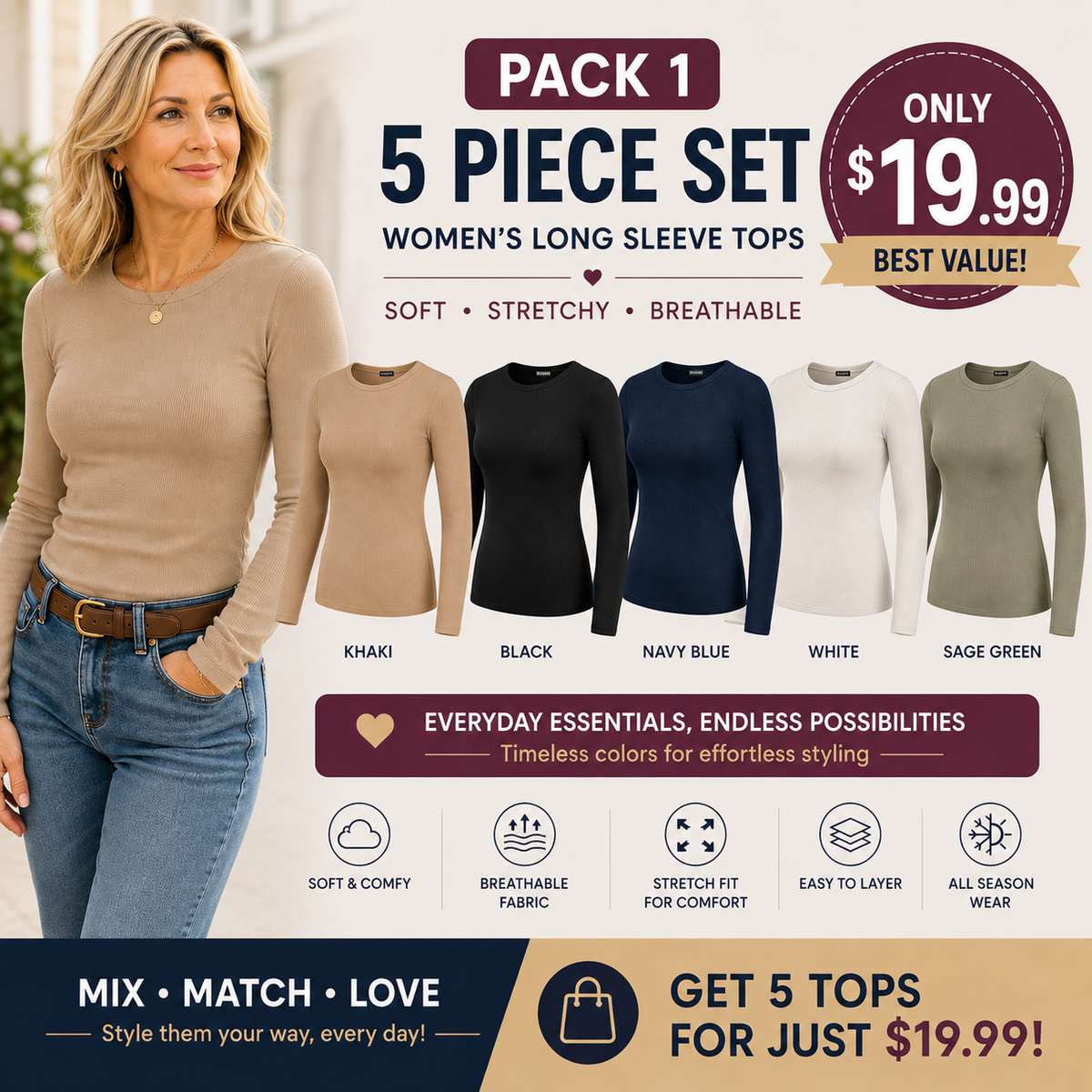 Women’s Ribbed Long Sleeve Crewneck Top – Slim Fit Basic Tee