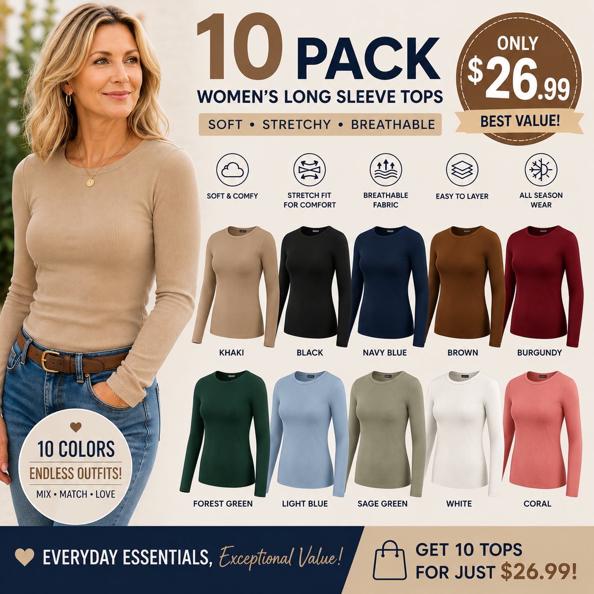 Women’s Ribbed Long Sleeve Crewneck Top – Slim Fit Basic Tee