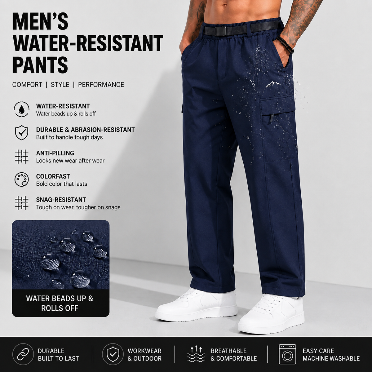 Men’s Relaxed Fit Cargo Pants with Belt – Stretch Waist Multi-Pocket Casual Pants