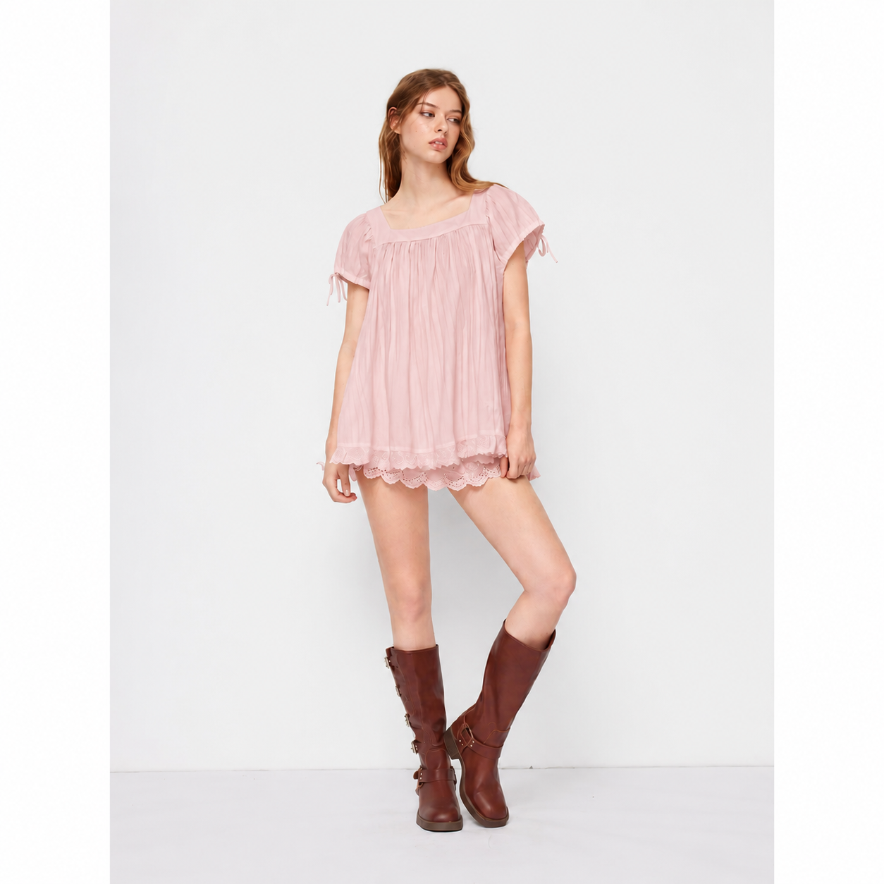 Women's Square Neck Puff Sleeve Blouse – Ruffle Trim Tie Detail Summer Casual Top, Feminine Short Sleeve Shirt