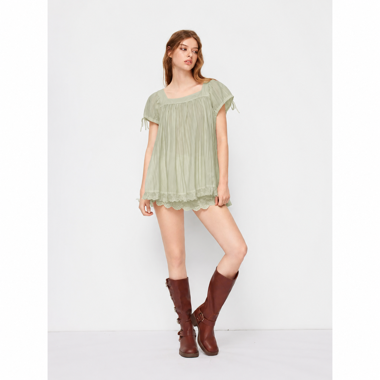 Women's Square Neck Puff Sleeve Blouse – Ruffle Trim Tie Detail Summer Casual Top, Feminine Short Sleeve Shirt