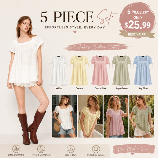 Women's Square Neck Puff Sleeve Blouse – Ruffle Trim Tie Detail Summer Casual Top, Feminine Short Sleeve Shirt