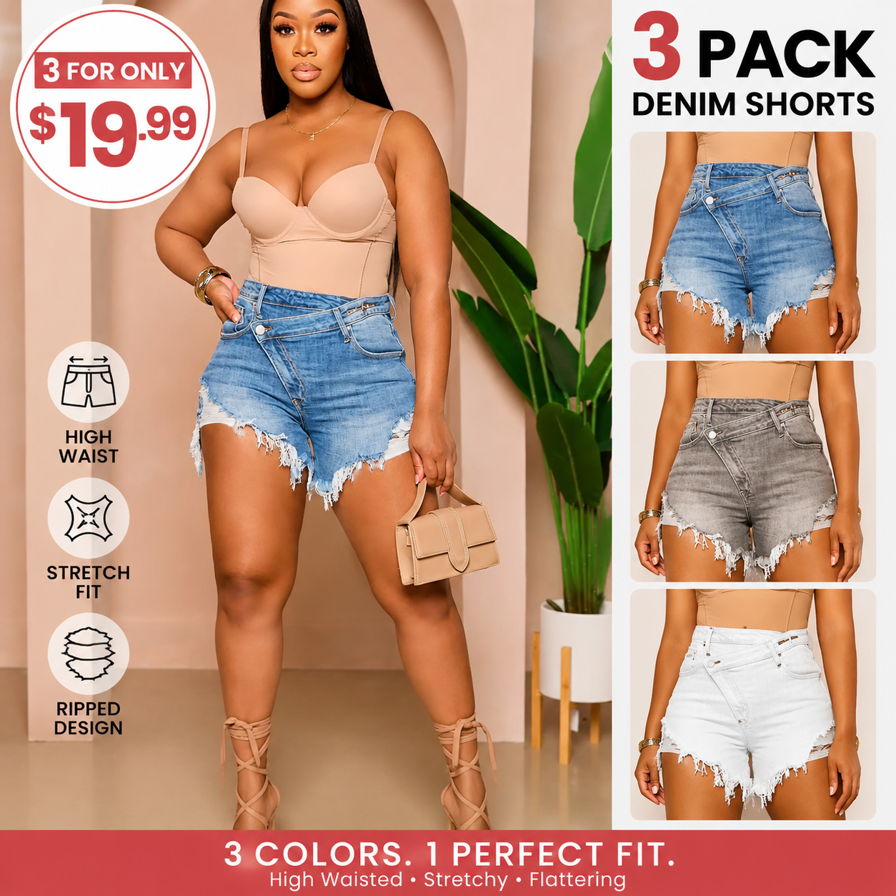 Women's High Waisted Crossover Denim Shorts | Stretch Ripped Summer Jean Shorts