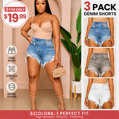Women's High Waisted Crossover Denim Shorts | Stretch Ripped Summer Jean Shorts