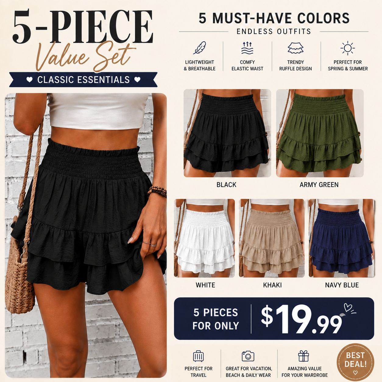 Women’s High-Waisted Ruffle Shorts – Smocked Waist Tiered Boho Summer Shorts for Casual Daily Wear