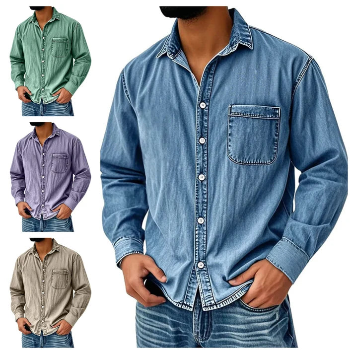 Men's Vintage Washed Denim Button-Down Shirt – Classic Casual Long Sleeve