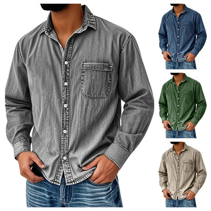 Men's Vintage Washed Denim Button-Down Shirt – Classic Casual Long Sleeve