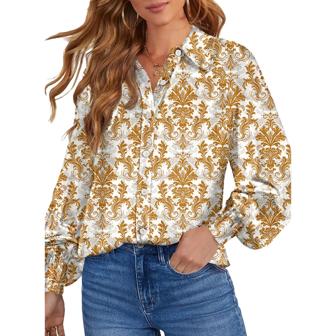 Women’s Floral Chiffon Button Down Blouse – V Neck Long Sleeve Casual Boho Shirt