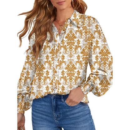 Women’s Floral Chiffon Button Down Blouse – V Neck Long Sleeve Casual Boho Shirt