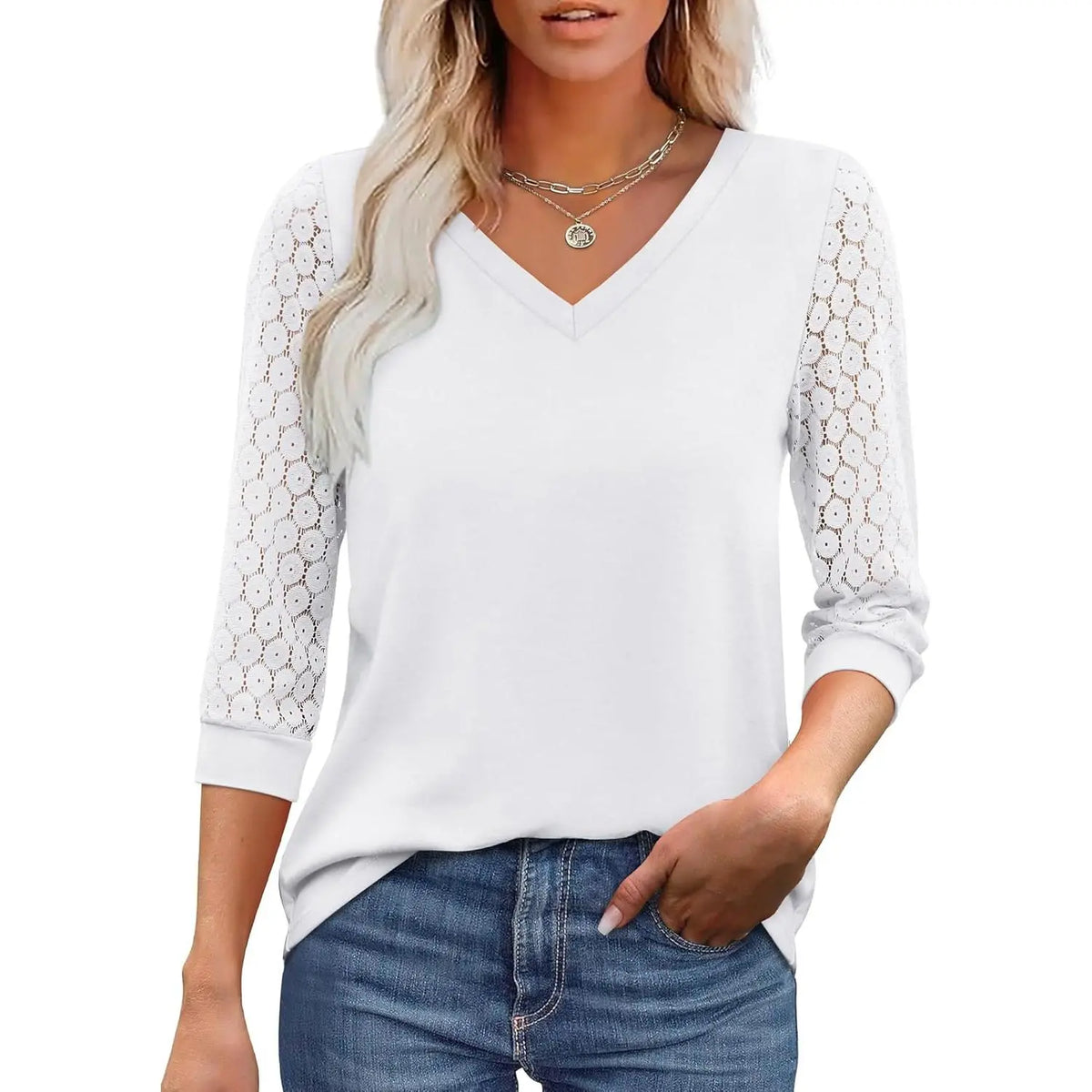 Women’s 3/4 Sleeve Lace V-Neck Tunic Top – Elegant Business Casual Blouse