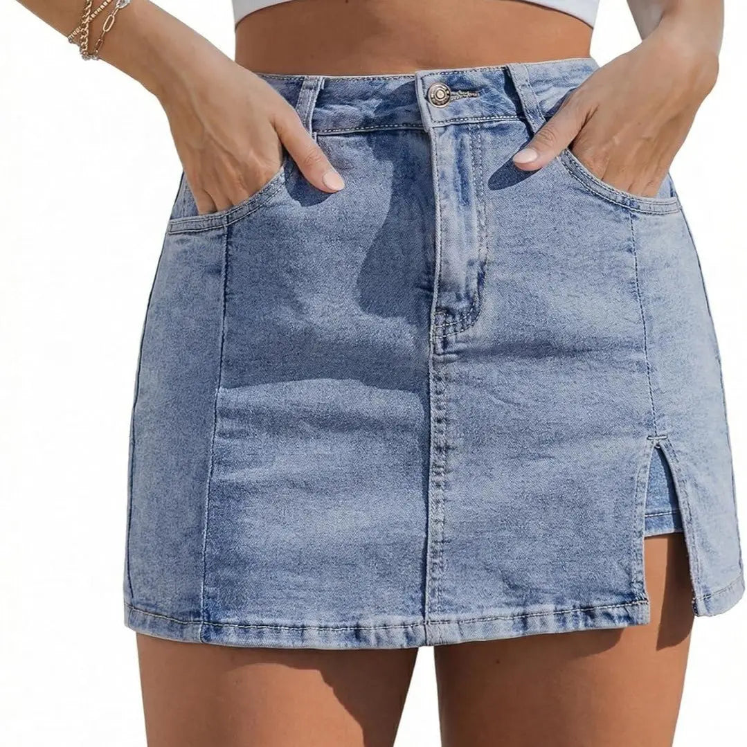 Women’s Denim Skort with Built-In Shorts – High-Waisted Stretch Mini Jean Skirt with Side Slit