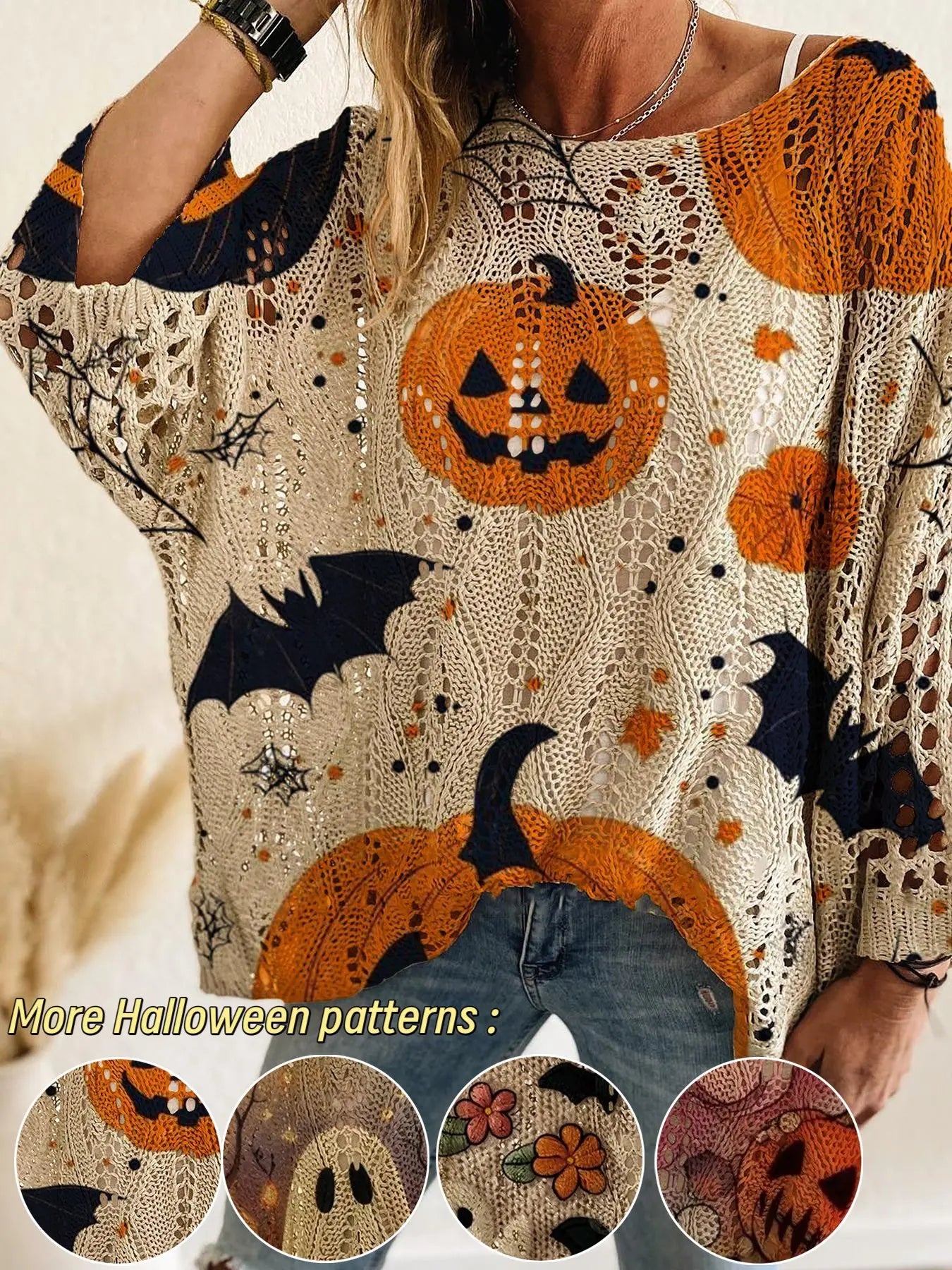 Women's Halloween Pumpkin Graphic Sweater, Loose Fit Batwing Sleeve Knit Pullover