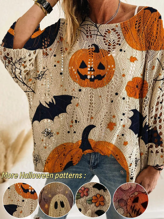 Women's Halloween Pumpkin Graphic Sweater, Loose Fit Batwing Sleeve Knit Pullover