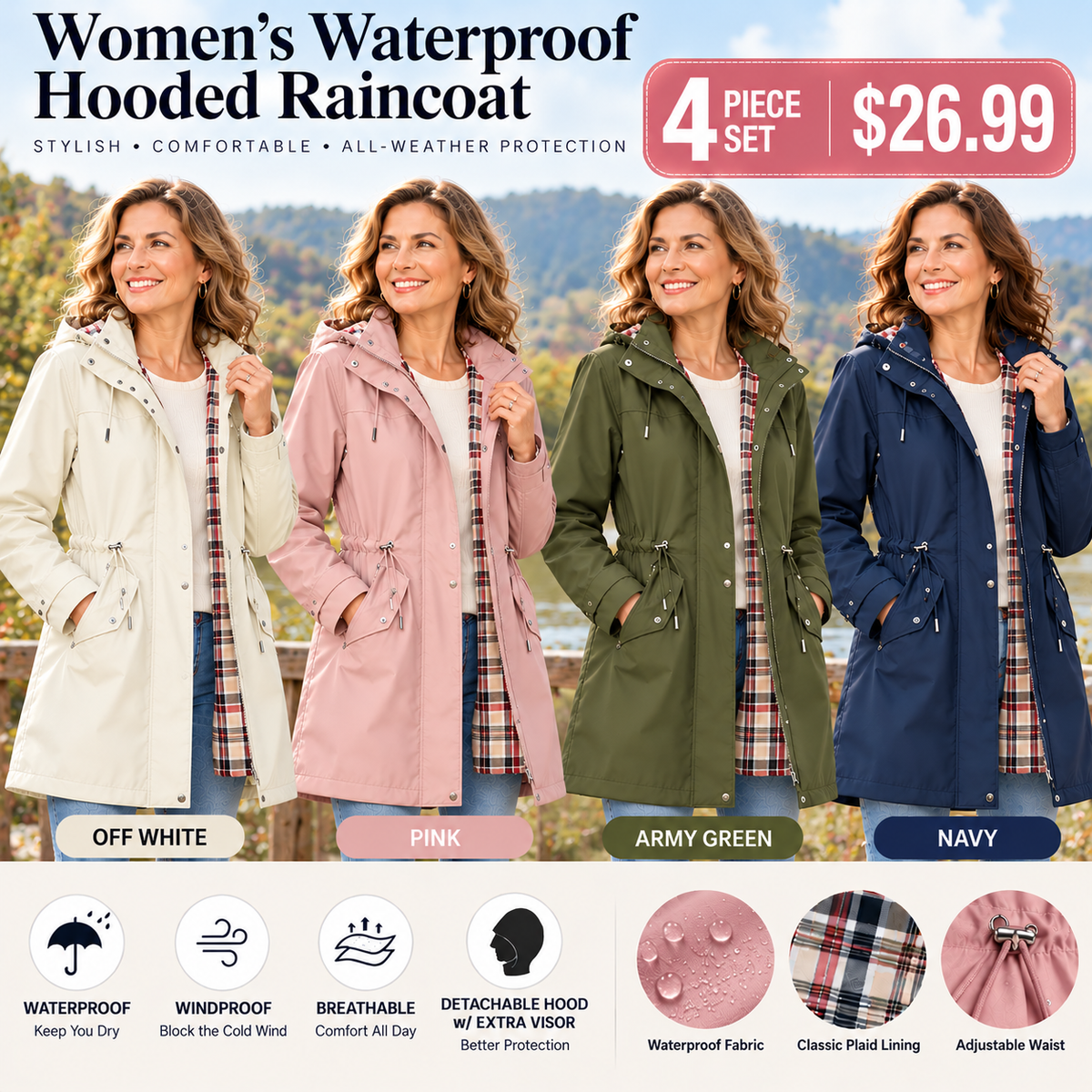 Women's Lightweight Waterproof Hooded Rain Jacket – Stylish, Comfortable & Windproof