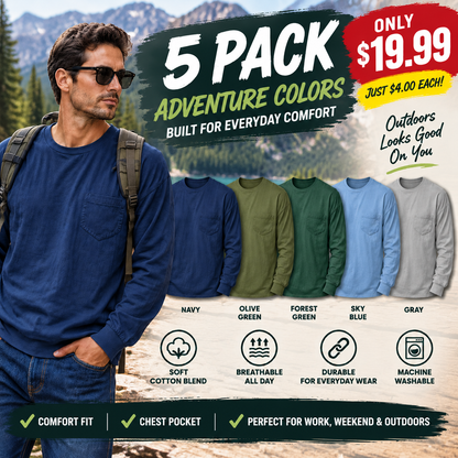 Men's Loose Fit Long Sleeve Pocket T-Shirt – Soft Cotton Blend Casual Tee for Everyday Wear