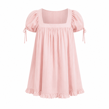 Women's Square Neck Puff Sleeve Blouse – Ruffle Trim Tie Detail Summer Casual Top, Feminine Short Sleeve Shirt