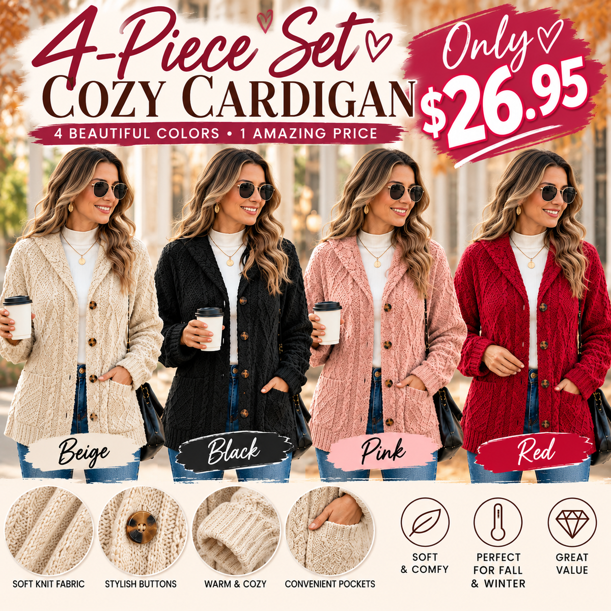 Women's Cozy Fleece Hooded Cardigan Jacket – Soft Button-Down Coat with Pockets