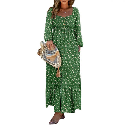 Women's Boho Floral Maxi Dress – Smocked Square Neck Long Sleeve Vacation Dress