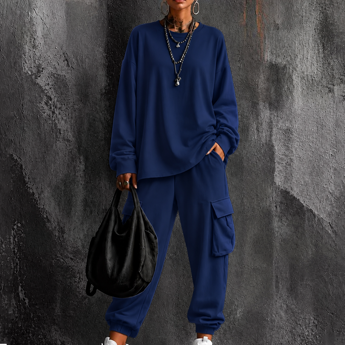 Women's Casual Crew Neck Top & Cargo Pants Set
