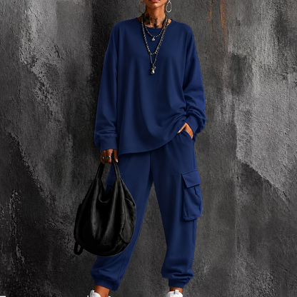 Women's Casual Crew Neck Top & Cargo Pants Set