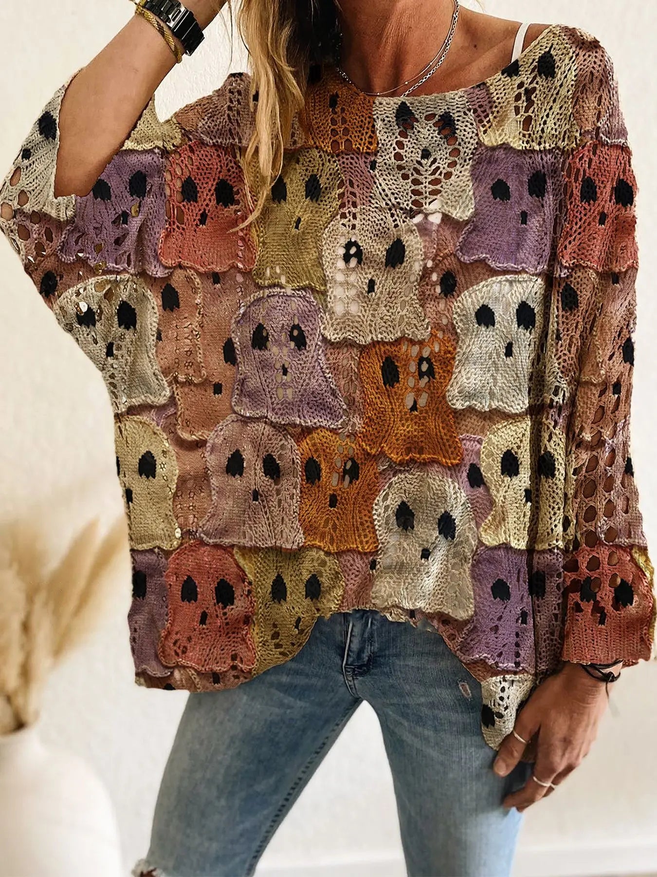 Women's Halloween Pumpkin Graphic Sweater, Loose Fit Batwing Sleeve Knit Pullover