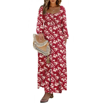Women's Boho Floral Maxi Dress – Smocked Square Neck Long Sleeve Vacation Dress