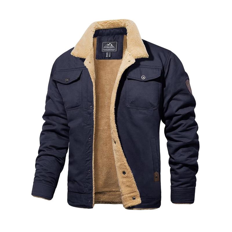 Men’s Sherpa-Lined Trucker Jacket – Fleece Cotton Coat in Khaki