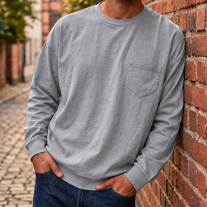 Men's Loose Fit Long Sleeve Pocket T-Shirt – Soft Cotton Blend Casual Tee for Everyday Wear