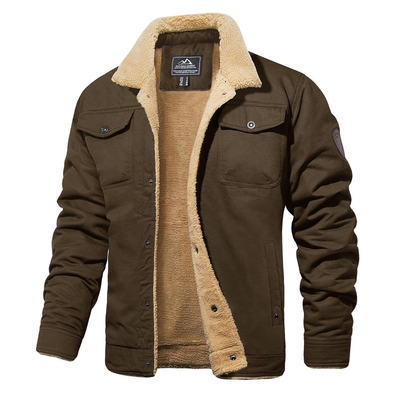 Men’s Sherpa-Lined Trucker Jacket – Fleece Cotton Coat in Khaki