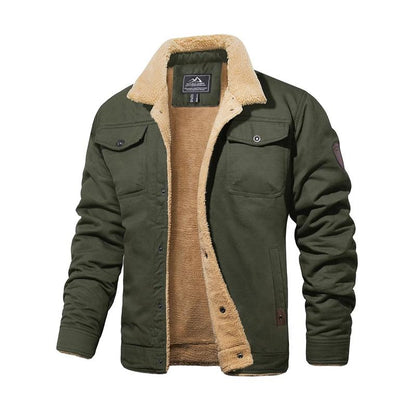 Men’s Sherpa-Lined Trucker Jacket – Fleece Cotton Coat in Khaki